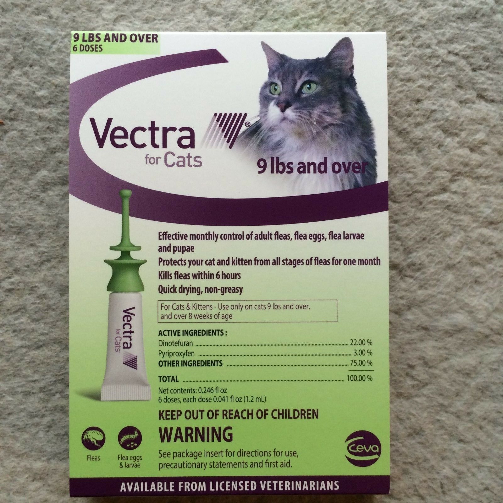 Vectra For Large Cats Over 9 Lbs 6 Doses Green Cat Flea Control - Epa / Usa