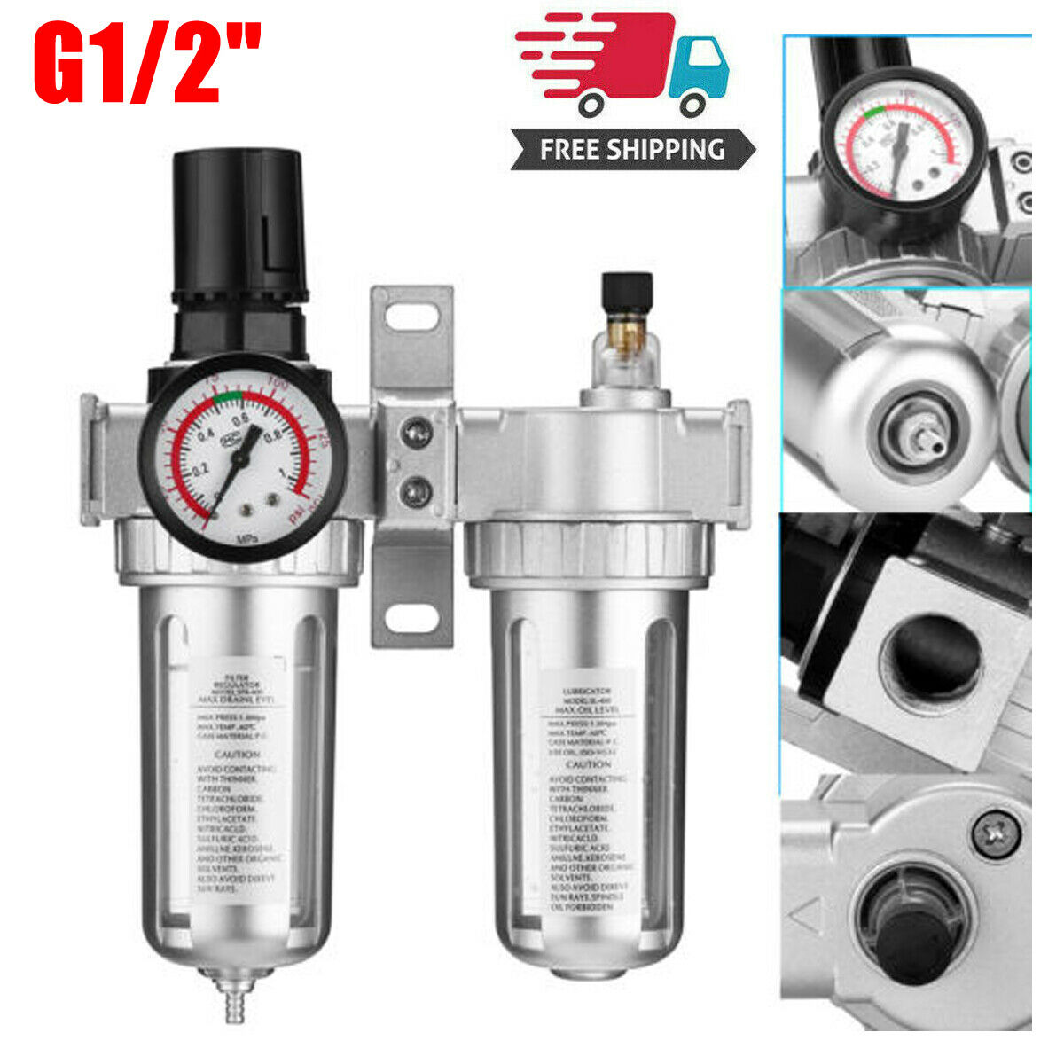 G1/2" Air Compressor Filter Oil Water Separator Trap Tools With/ Regulator Gauge