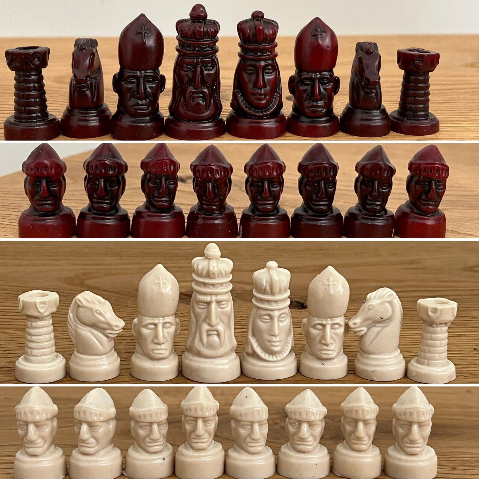 Vintage Resin Chess Game Pawns Face Figures 100% Complete Set Burgundy/beige Tan