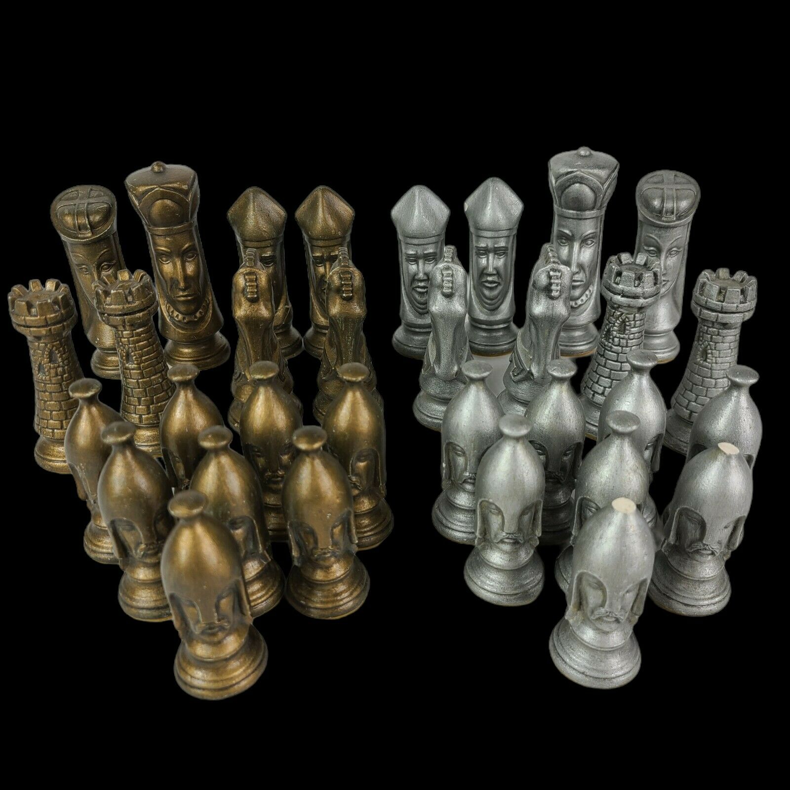 Vintage Medieval Chess Pieces Set 32 Painted Ceramic Bronze & Pewter Some Damage