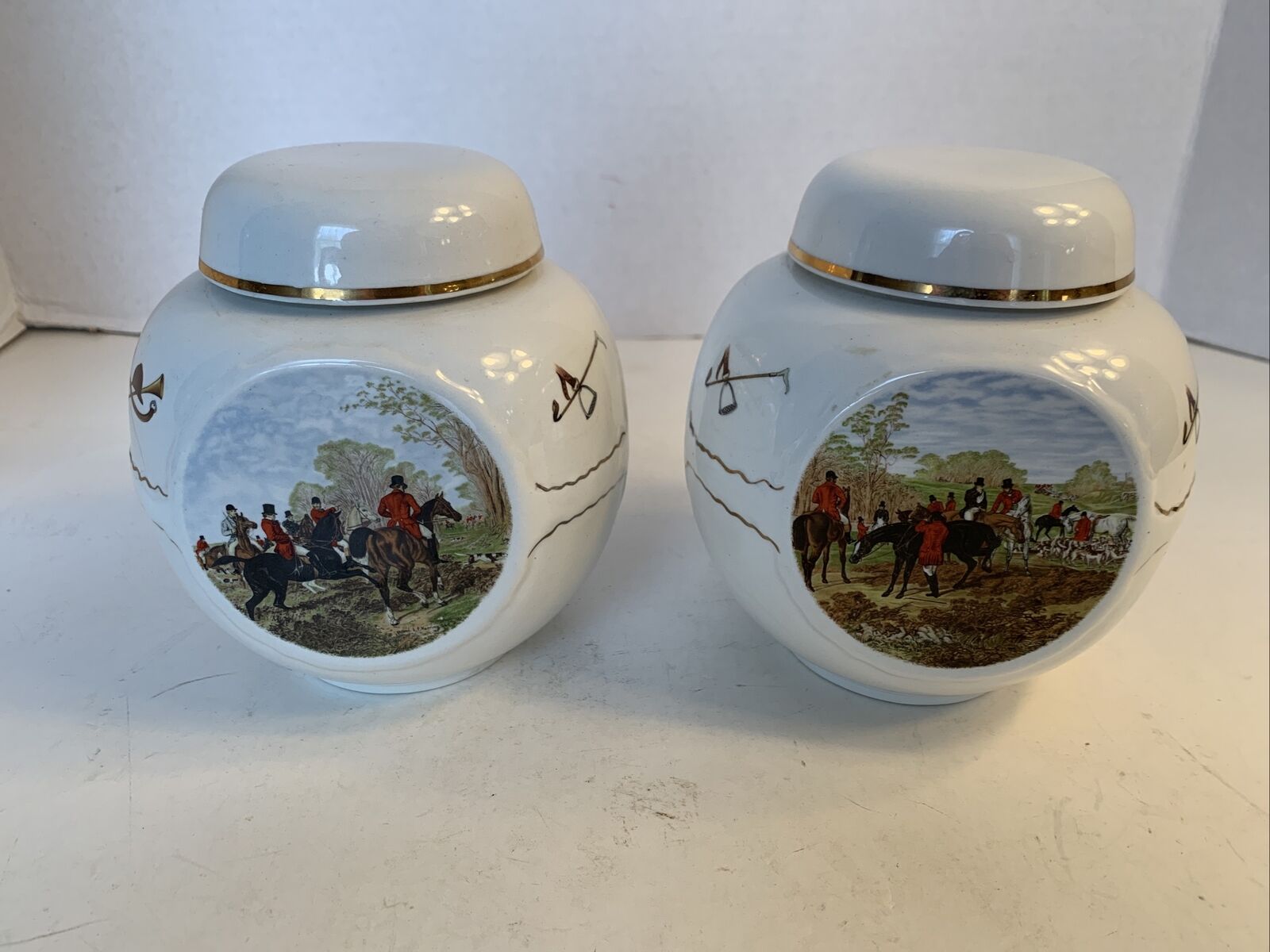 Vintage Twining Tea Canisters (2) Caddy Hunting Scenes Burgess & Leigh 5 1/2”