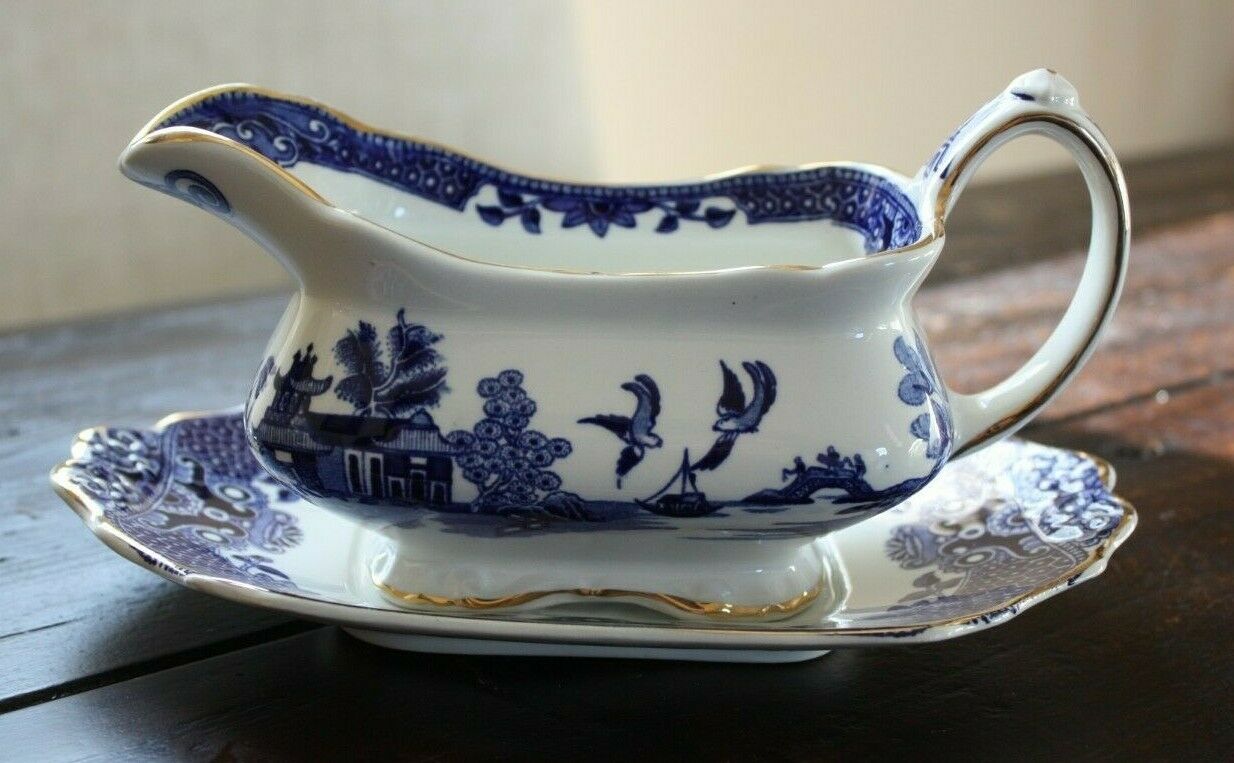 Vintage Burleigh Ware Blue Willow Gravy Boat & Underplate Gold Accents England