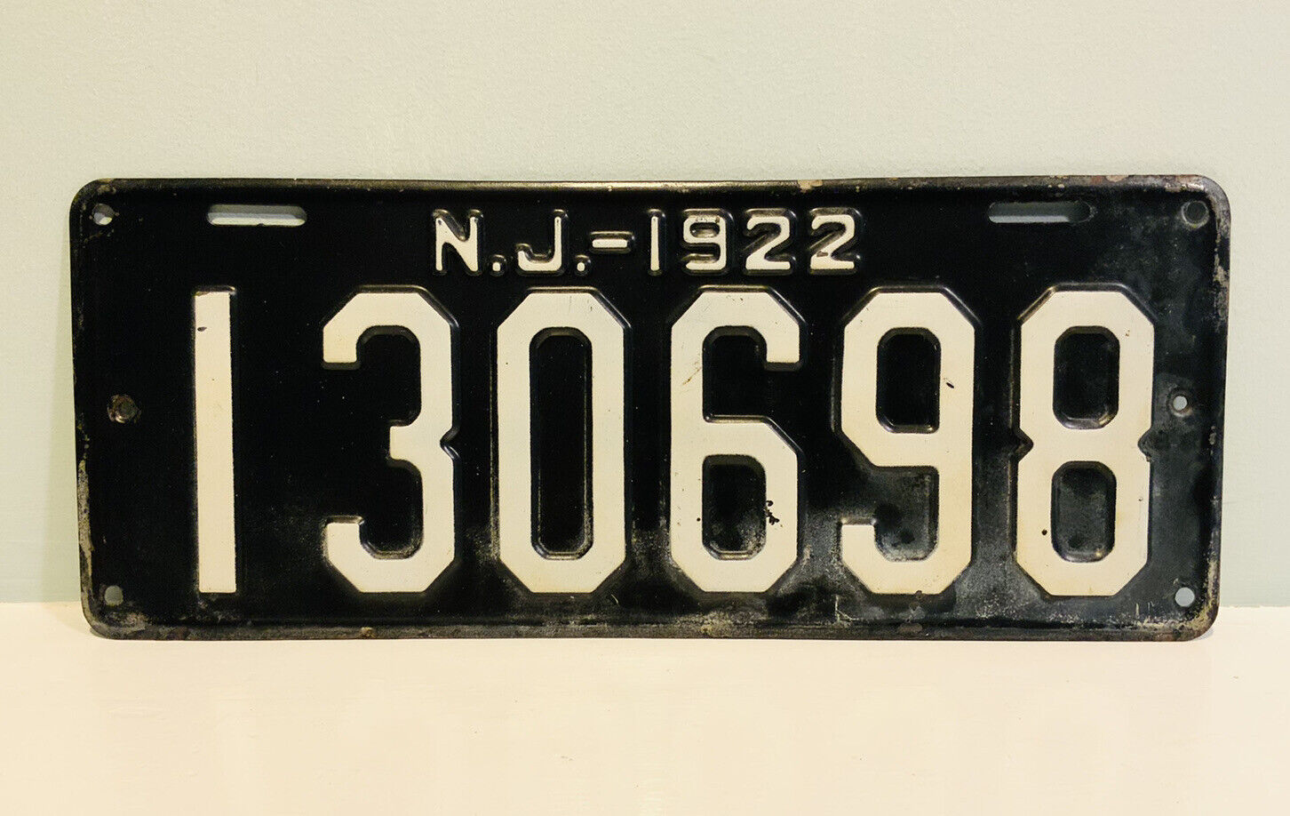 1922 New Jersey License Plate All Original 130698 White Black Model T Ford Year