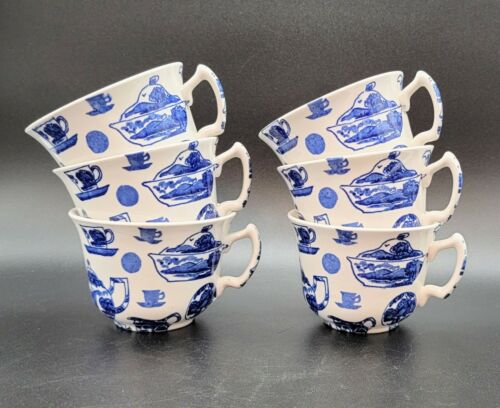 Six 6 Vintage Burgess And Leigh Stoke On Trent Pictorial Britain Cups Blue White
