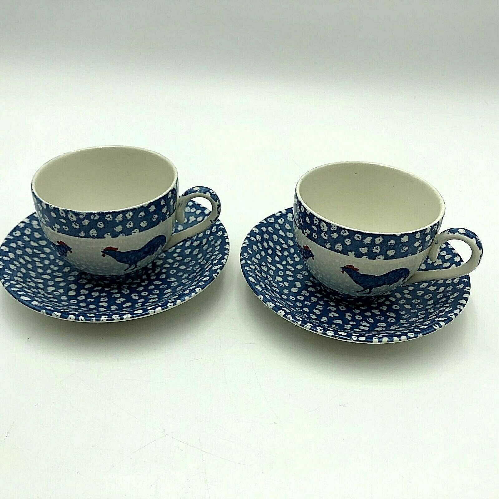Set Of 2 Cups Saucers England Chanticleer Burleigh Burgess & Leigh Blue Rooster
