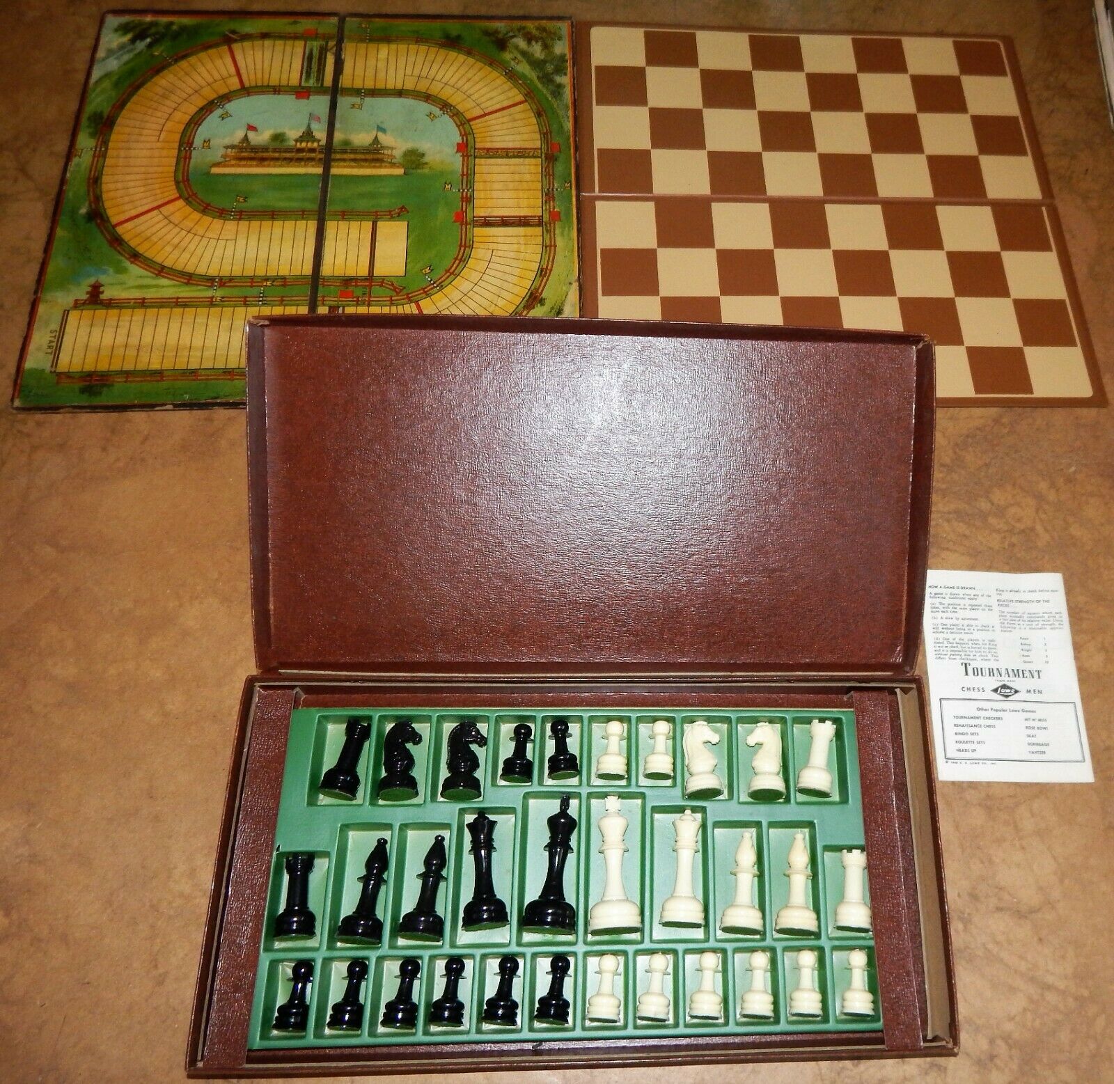 E S Lowe Staunton Design Chess Set With Silk Screen Leatherette Board Circa 1945