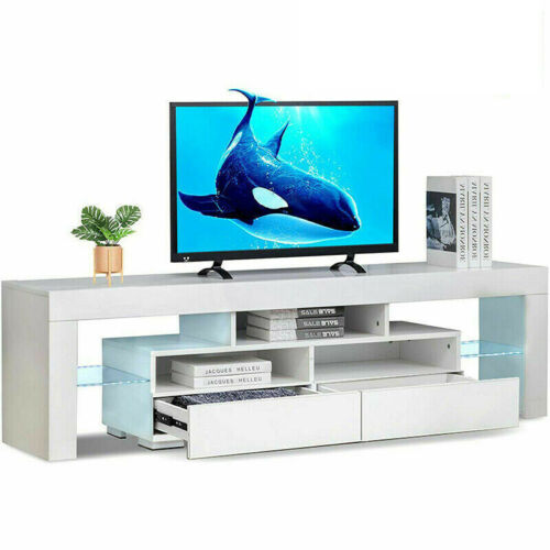 70" Tv Stand Unit Cabinet With Led Shelves 2 Drawer Console Furniture White