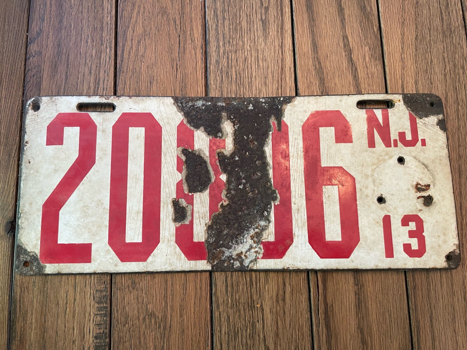 1913 White And Red Vintage Porcelain New Jersey License Plate