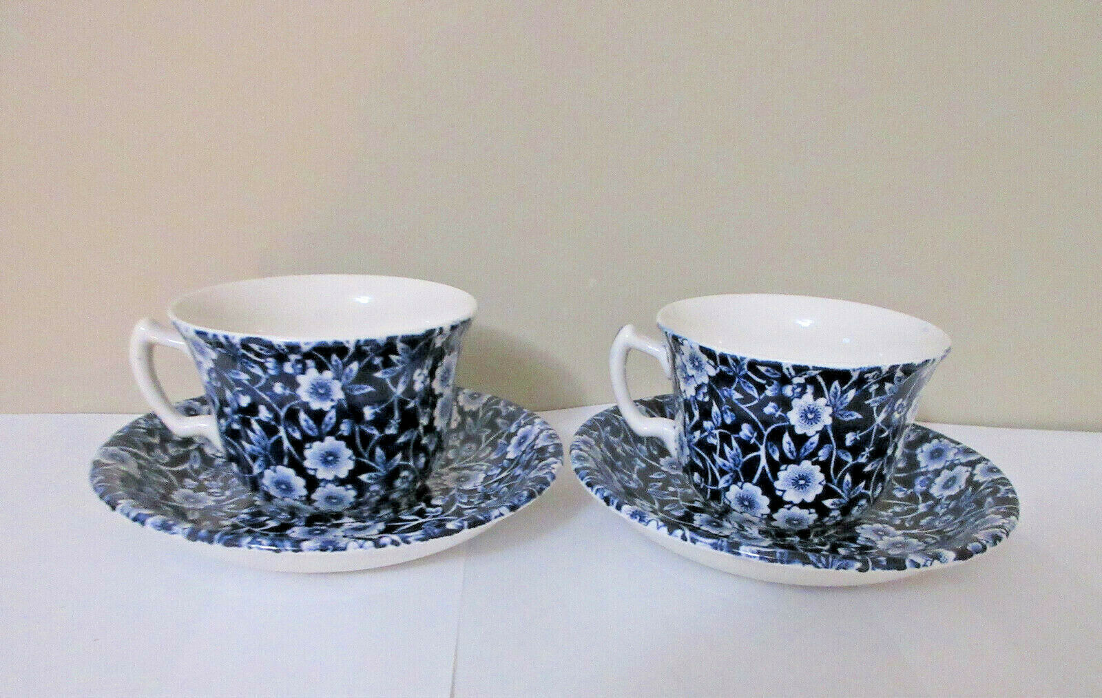Vtg Royal Crownford Blue Calico Chintz 2 Cup & Saucer Sets England Staffordshire