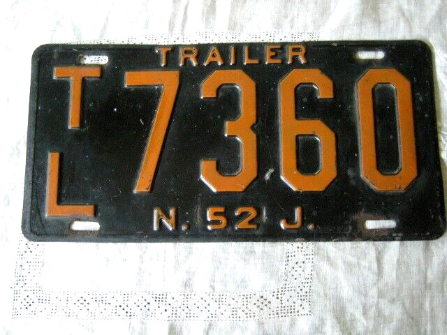 Vintage 1952 New Jersey Trailer License Plate