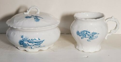 Vintage Raleigh Lidded Bowl & Cup Lot White & Blue Pottery