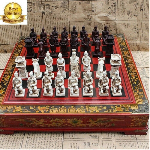 Terracotta Army Antique Chess Set Board Box Carved Unique Vintage Collectible