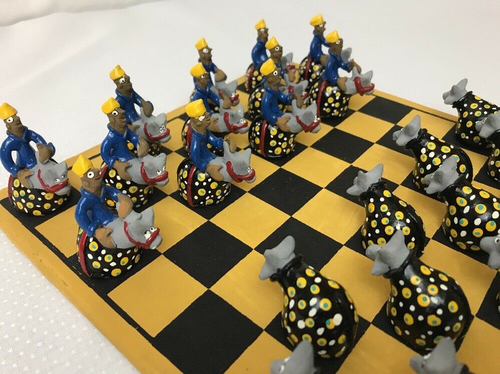 Vtg Hand Made Painted Checkers Set Medieval Knight Horse Whimsical Clay Pottery