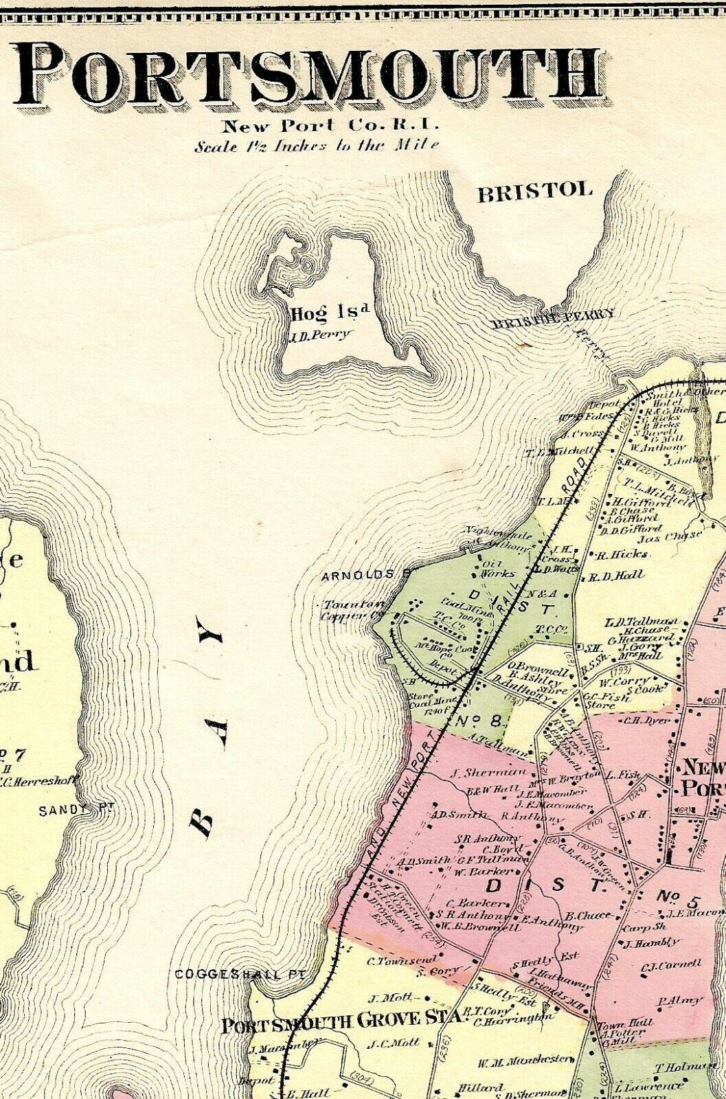 1870 Portsmouth, Ri., Original Hand Colored Map, Not A Reprint.