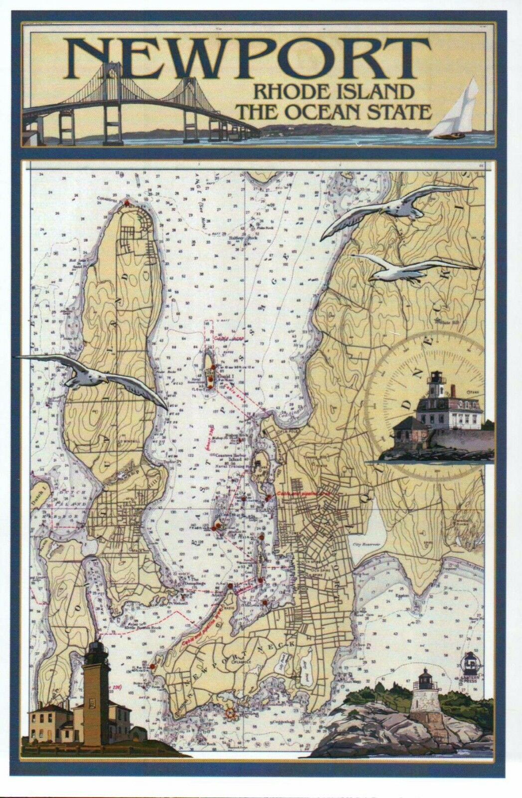 Newport Rhode Island Nautical Chart, Lighthouses, Seagulls - Modern Map Postcard