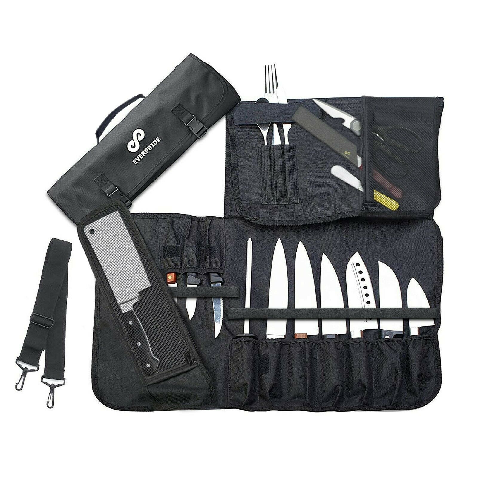 Chef’s Knife Roll Bag (15 Slots) Holds 10 Knives, Meat Cleaver And Kitchen Tools