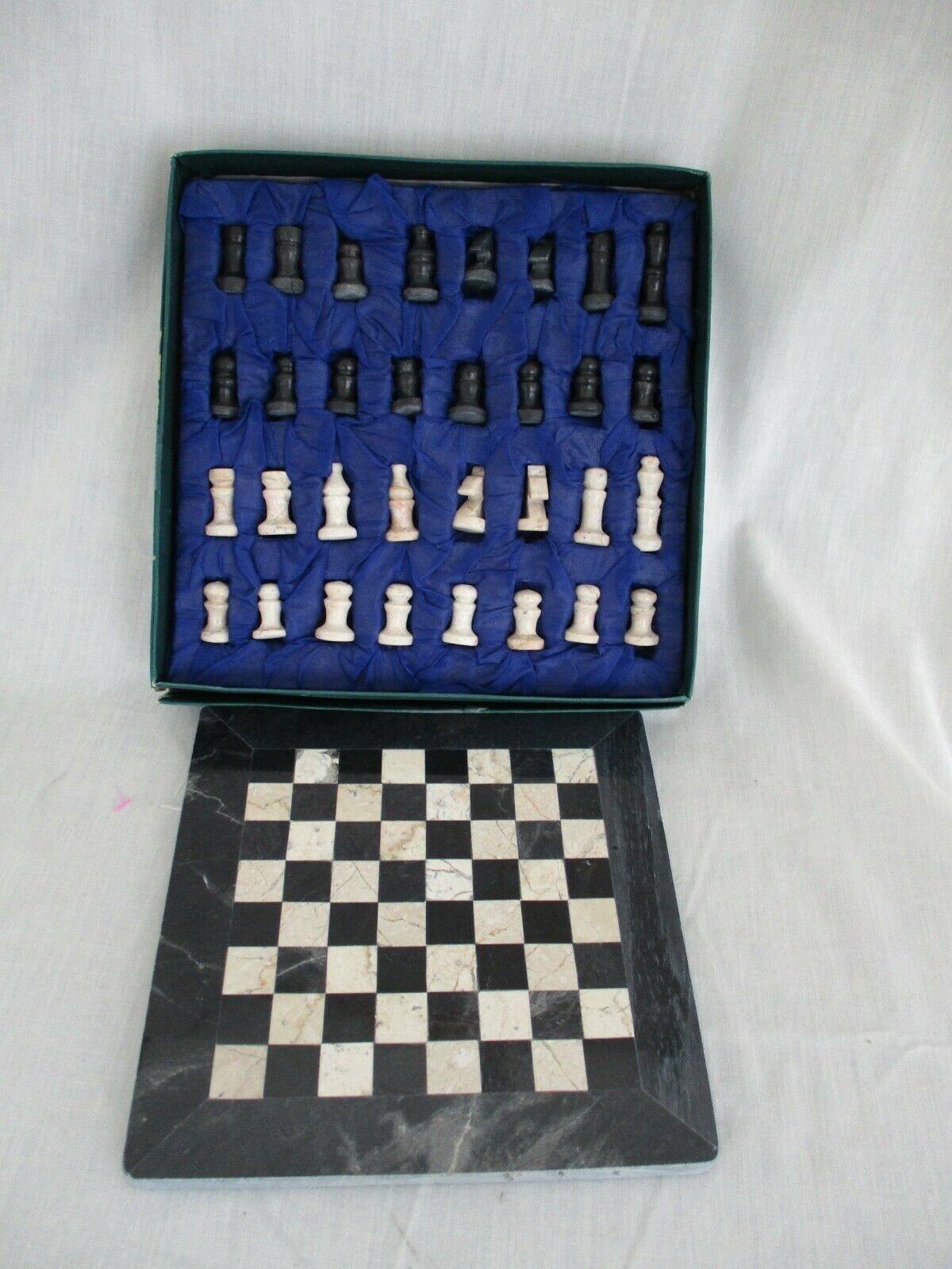Vintage Small Marble Chess Set W/original Padded Box Complete Ivory Black 8 X 8