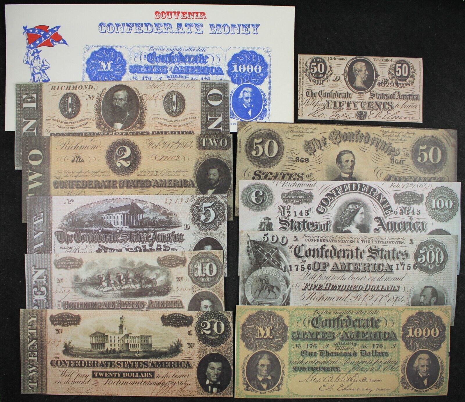 Confederate Csa Reproduction Ten Piece Currency Vintage Set W/ Envelope Uniface